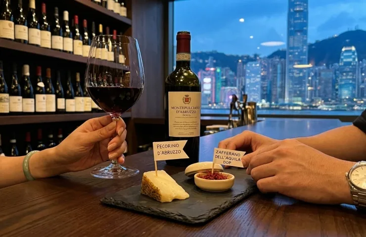 Degustazione Montepulciano d'Abruzzo e prodotti tipici a Hong Kong: calice di vino, pecorino e zafferano DOP su bancone vista skyline.