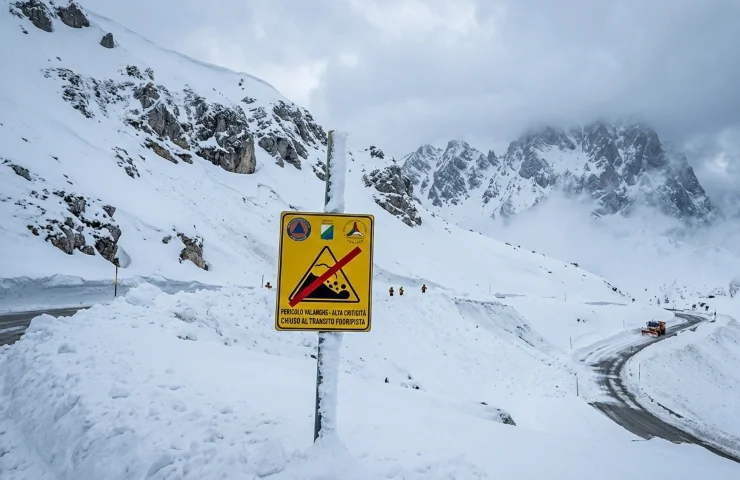 Cartello pericolo valanghe Gran Sasso Abruzzo con neve record aprile 2026.