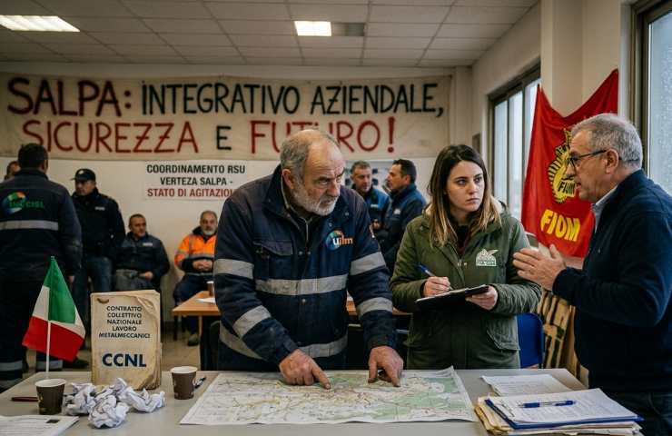 Delegati sindacali RSU Uilm, Fim-Cisl e Fiom riuniti in sala a Roseto degli Abruzzi discutono il contratto dei lavoratori della Verteza Salpa, tra bandiere, documenti e banner di protesta.