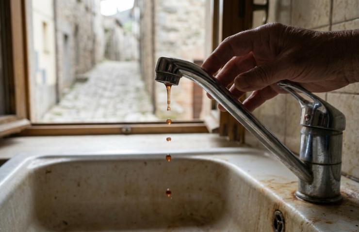 Rubinetto senz'acqua in una casa di Morro d'Oro a causa di un guasto improvviso alla rete idrica.