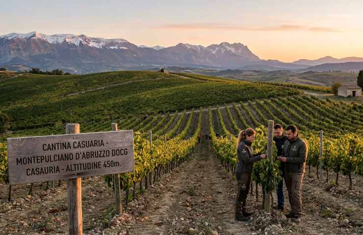 Vigneti di Montepulciano d'Abruzzo nella zona DOCG Casauria con agronomi al lavoro e montagne del Gran Sasso sullo sfondo.