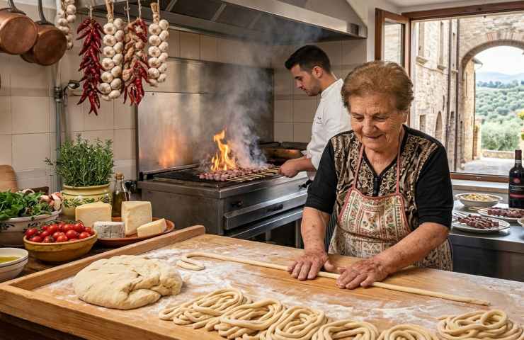 Preparazione artigianale della pasta alla mugnaia e arrosticini in una cucina tipica di Loreto Aprutino, con olio DOP d'Abruzzo e ingredienti della tradizione vestina.
