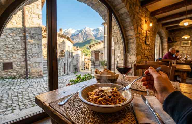 Pranzo a Ovindoli con vista panoramica sulle montagne abruzzesi del Velino e sul borgo medievale.