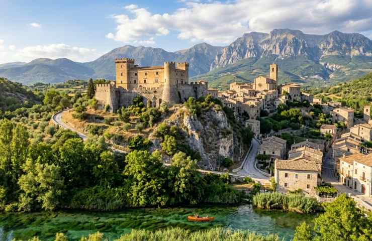 Castello Piccolomini di Capestrano: storica fortezza medievale che domina il borgo e la Valle del Tirino in Abruzzo.