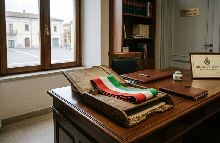 Fascia tricolore sulla scrivania del Sindaco di Canosa Sannita dopo le dimissioni di Lorenzo Di Sipio.