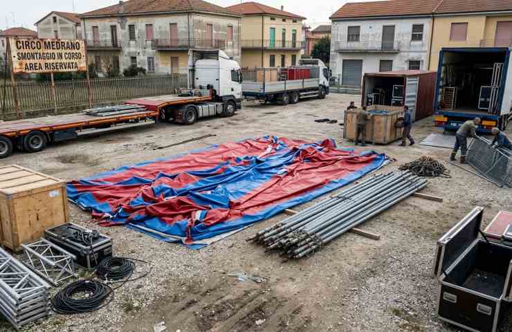 Camion e attrezzature di un circo in fase di smontaggio su un piazzale cittadino, con teloni ripiegati e strutture metalliche pronte per il trasporto.
