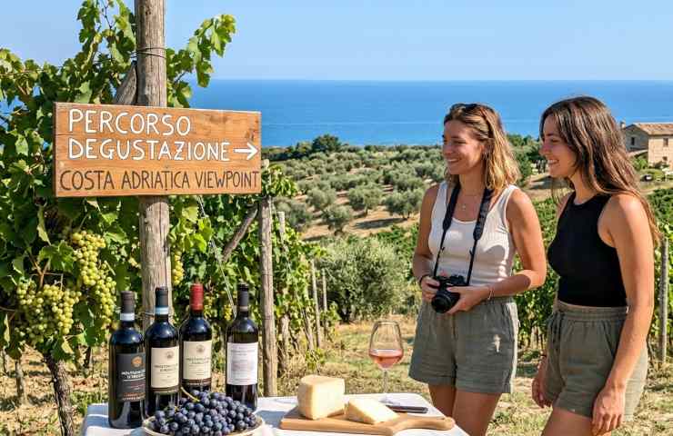 Degustazione vino Montepulciano d'Abruzzo tra i vigneti in Abruzzo: turisti durante un'escursione con vista sulla Costa Adriatica.