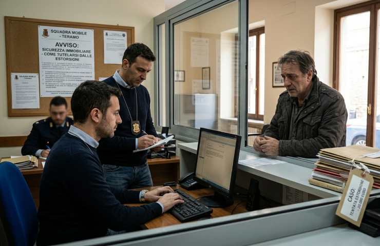 Ufficiale della Squadra Mobile consulta file di indagine in commissariato a Teramo.