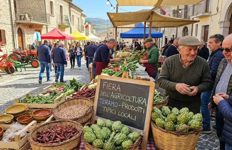 Fiera Agricoltura Teramo: esposizione prodotti tipici abruzzesi, carciofi e legumi in ceste di vimini tra i visitatori al Parco Fluviale.