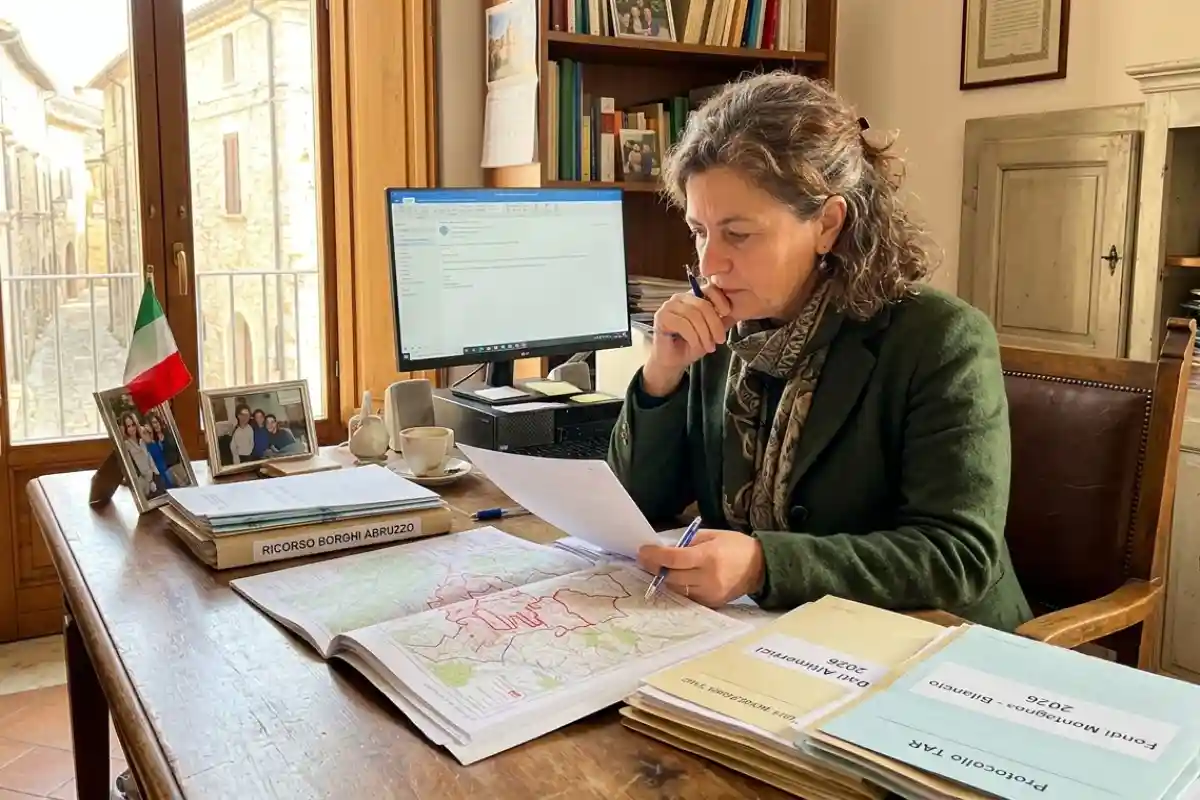 Sindaca di un borgo abruzzese esamina mappe del declassamento e ricorso TAR 2026 sul Fondo Montagna.