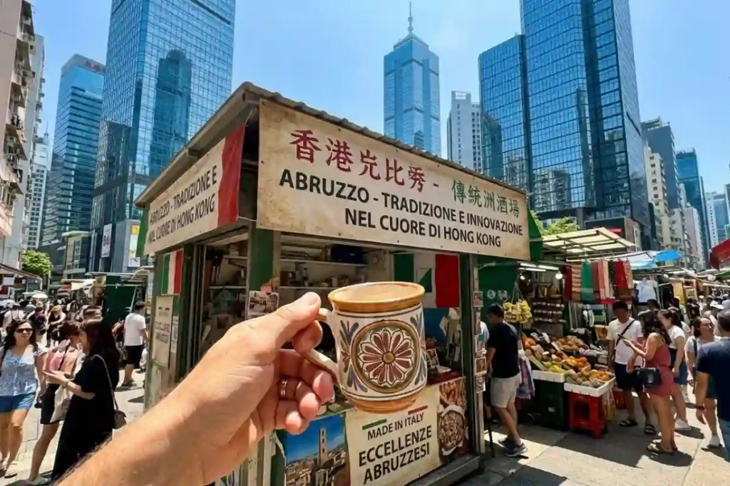 Promozione eccellenze Abruzzo a Hong Kong: chiosco tipico con ceramiche e prodotti locali tra i grattacieli asiatici.