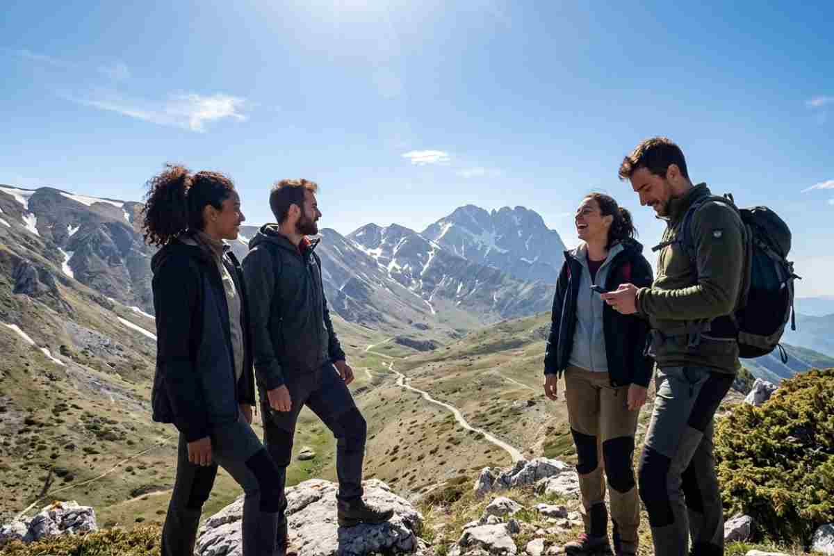 Quattro escursionisti ammirano il Corno Grande del Gran Sasso in Abruzzo durante il ponte del Primo Maggio.