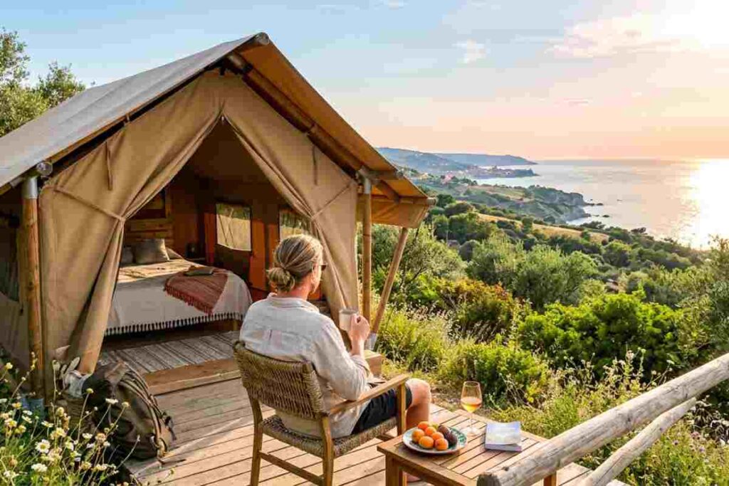 Glamping di lusso in Abruzzo vista mare: tenda lodge moderna immersa nella natura della costa adriatica al tramonto.