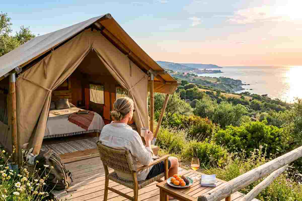 Glamping di lusso in Abruzzo vista mare: tenda lodge moderna immersa nella natura della costa adriatica al tramonto.