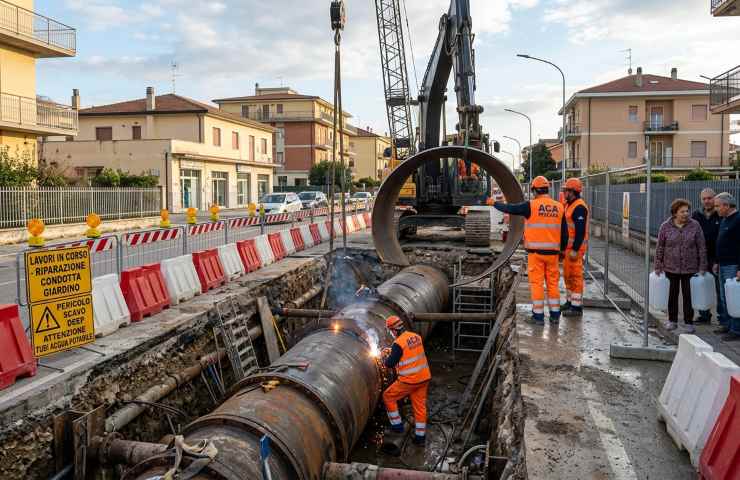Lavori condotta Giardino Pescara: operai ACA riparano tubazione acqua potabile. Scavo in strada, autobotti e residenti in attesa del ripristino.