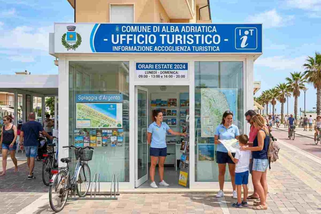Ufficio Turistico Alba Adriatica su lungomare: punto informativo IAT con orari estate 2024 e mappa Spiaggia d'Argento.