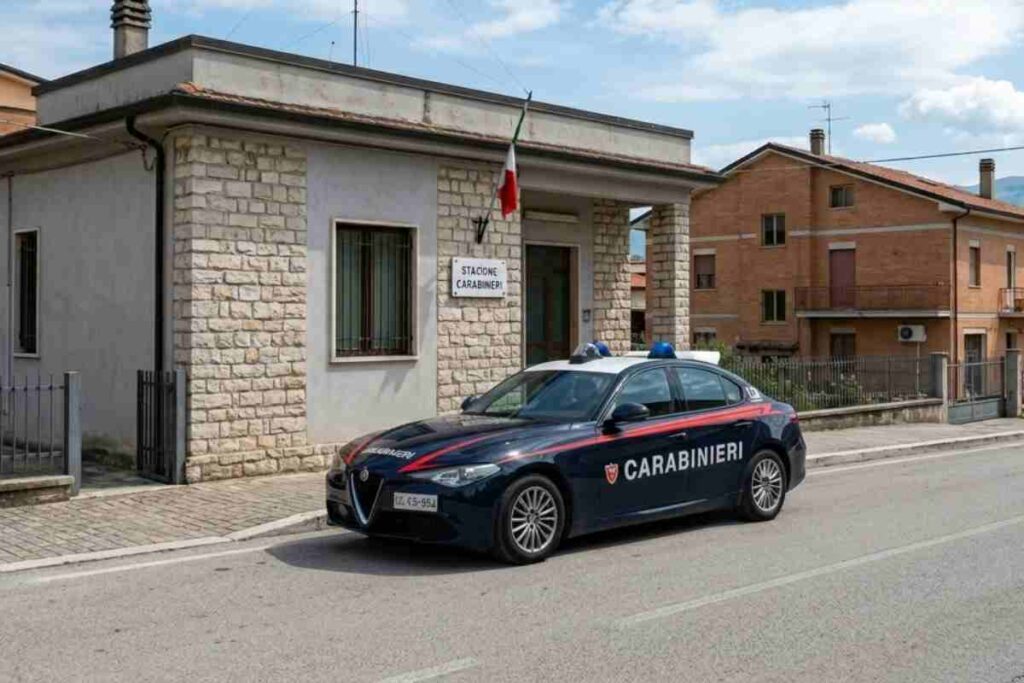 Auto dei Carabinieri parcheggiata davanti alla caserma di Sant'Egidio alla Vibrata in Abruzzo.