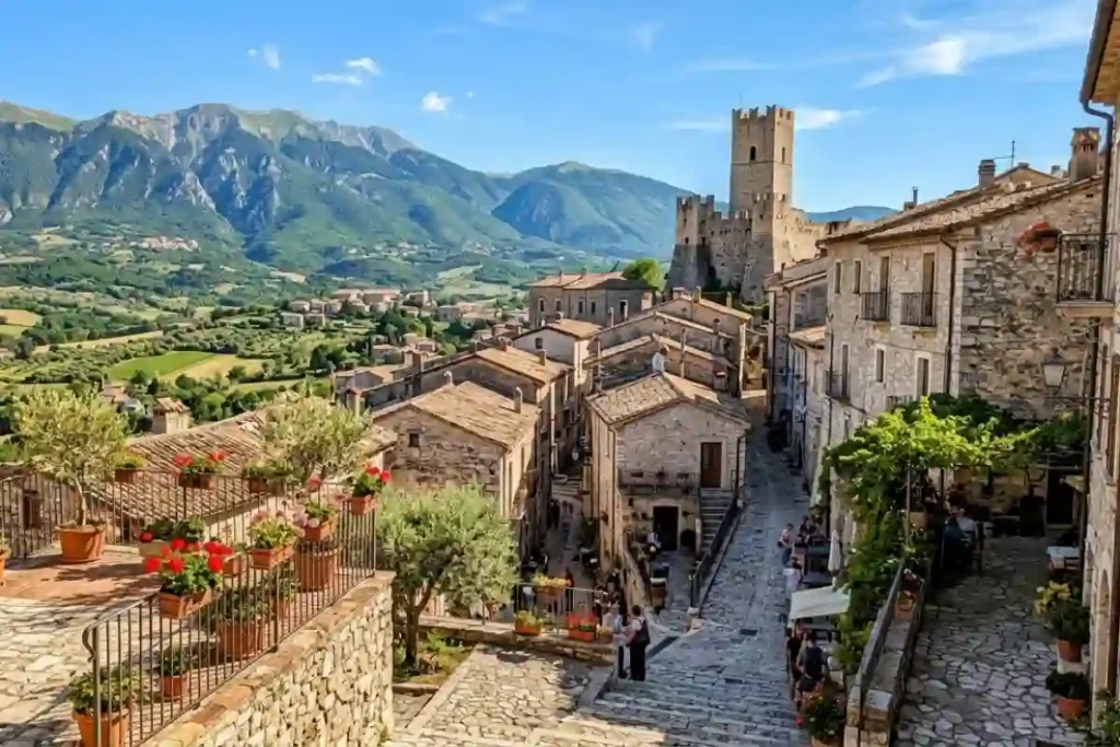 Una veduta panoramica e luminosa del borgo di Bugnara in Abruzzo, Italia. La foto cattura le antiche case in pietra, i vicoli acciottolati animati da visitatori, balconi fioriti e, sullo sfondo, il maestoso Castello Ducale medievale che domina la valle Peligna. Un'immagine realistica scattata da smartphone, perfetta per mostrare la bellezza autentica del borgo premiato nel 2026.