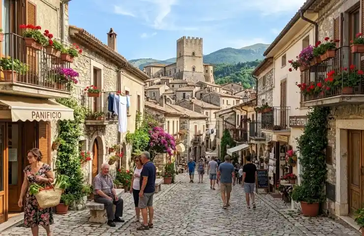 Una veduta panoramica e luminosa del borgo di Bugnara in Abruzzo, Italia. La foto cattura le antiche case in pietra, i vicoli acciottolati animati da visitatori, balconi fioriti e, sullo sfondo, il maestoso Castello Ducale medievale che domina la valle Peligna. Un'immagine realistica scattata da smartphone, perfetta per mostrare la bellezza autentica del borgo premiato nel 2026.