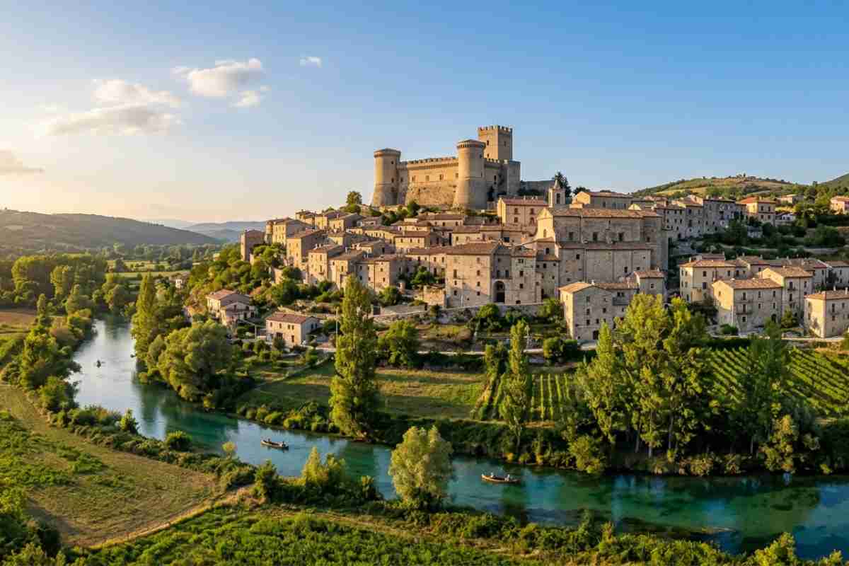 Veduta panoramica di Capestrano con il Castello Piccolomini e il fiume Tirino in Abruzzo.