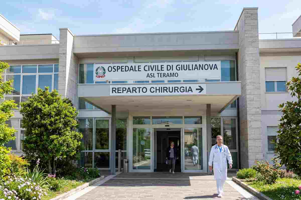 Ingresso ospedale Giulianova: la facciata principale con la scritta Asl Teramo e l'indicazione del reparto Chirurgia.