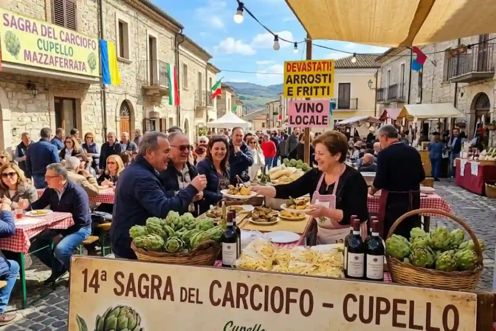 Sagra del Carciofo di Cupello Abruzzo: stand gastronomico con carciofi Mazzaferrata freschi e turisti nel borgo medievale.