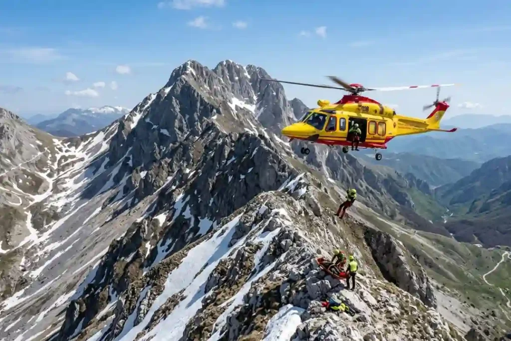 Soccorso alpino CNSAS ed elisoccorso 118 in azione sul Gran Sasso per recupero alpinista ferito sulla Via delle Creste in Abruzzo.