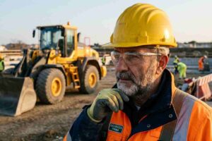 Operatore edile esperto con casco e occhiali di sicurezza davanti a una pala meccanica gommata in un cantiere.