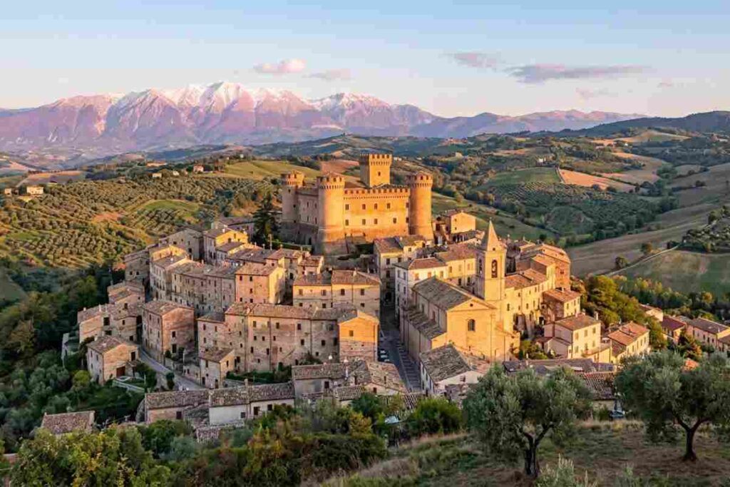 Veduta panoramica al tramonto del borgo storico di Loreto Aprutino in Abruzzo, con il Castello Chiola e il campanile che si stagliano contro il paesaggio collinare.