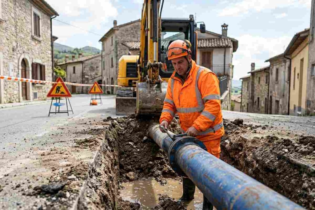 Riparazione urgente condotta idrica Ruzzo Reti a Morro d'Oro: tecnici al lavoro per guasto alla rete idrica.