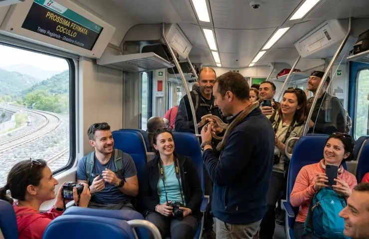 Passeggeri in viaggio sul treno Regionale Trenitalia verso Cocullo per la Festa dei Serpari, con display interno e paesaggio abruzzese.