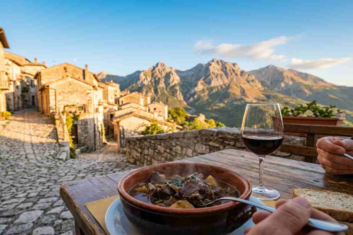 Piatto di pecora alla cottora in un ristorante di Ovindoli con vista panoramica sul borgo medievale e sulle montagne del Parco Sirente-Velino al tramonto.