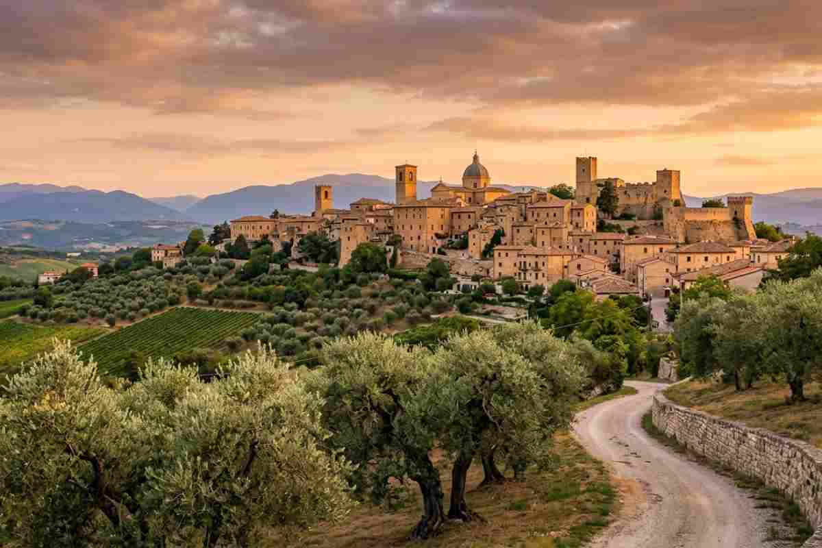 Pianella (Abruzzo): veduta panoramica del borgo medievale e del campanile circondato da uliveti secolari al tramonto.