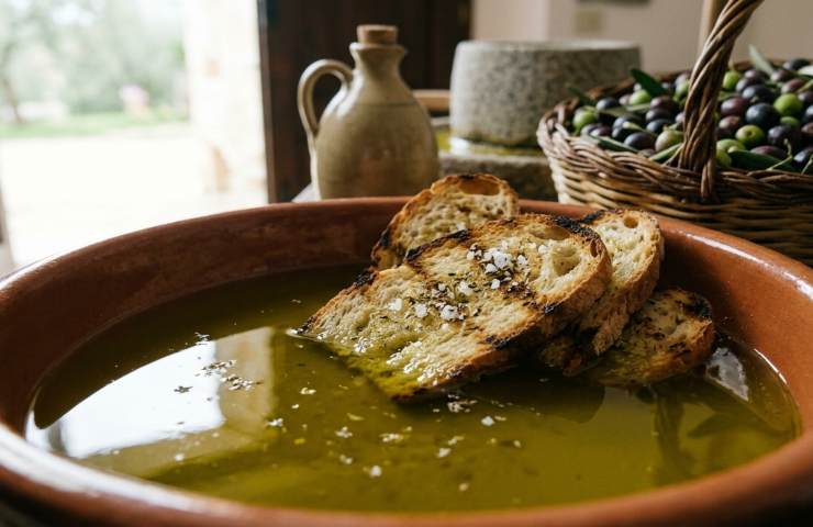 Olio extravergine d'oliva DOP di Pianella (Abruzzo): degustazione di olio appena franto con pane casereccio in un antico frantoio.