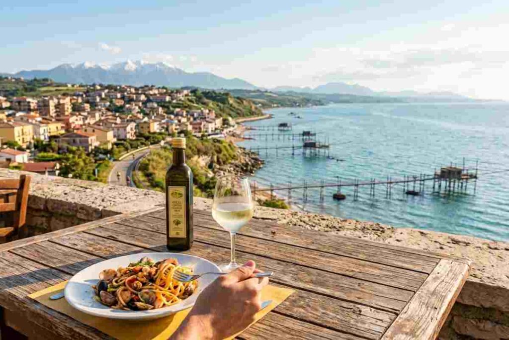 San Vito Chietino vista panoramica su trabocchi, mare e montagne in Abruzzo.