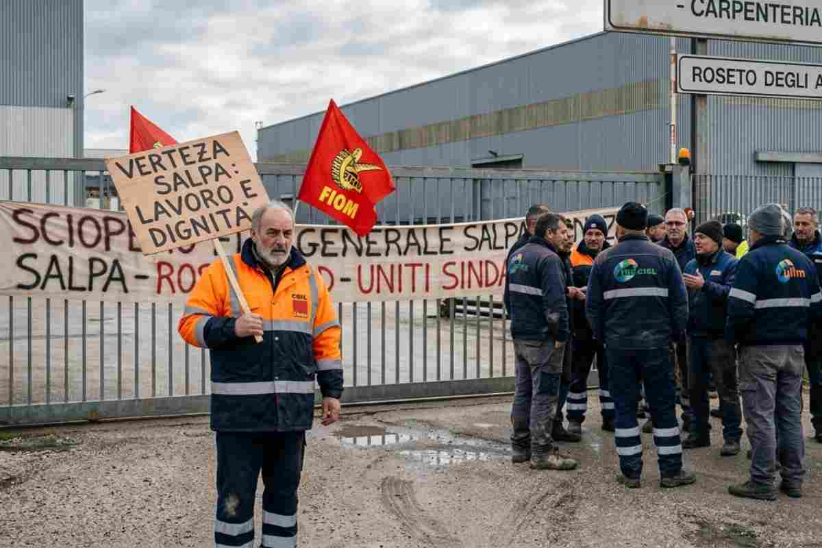 Lavoratori in presidio davanti allo stabilimento Verteza Salpa a Roseto degli Abruzzi con bandiere sindacali e cartelli di protesta.