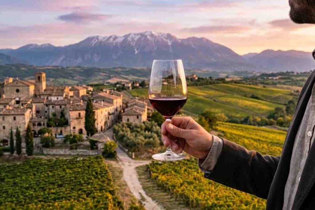 Uomo che regge un calice di vino rosso Montepulciano con panorama del borgo di Villamagna, vigneti e la Majella al tramonto.