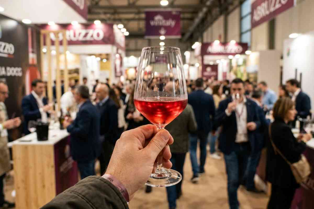 Primo piano di un calice di vino Cerasuolo d'Abruzzo durante una degustazione al Vinitaly, con la folla e gli stand sullo sfondo.